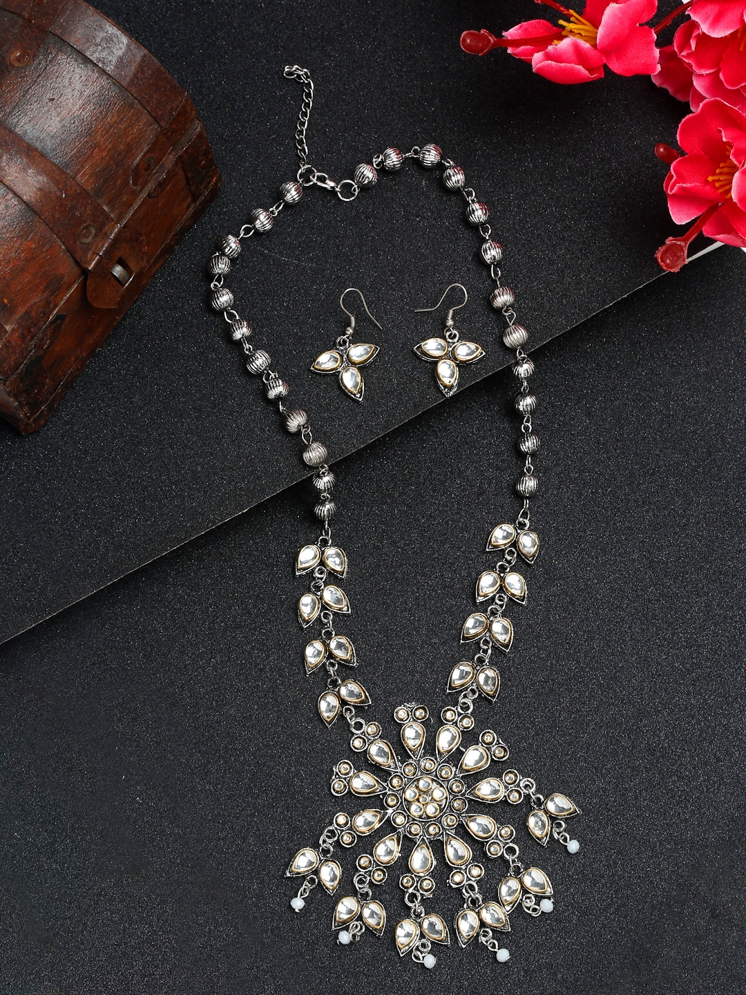YouBella Jewellery Oxidised Silver Necklace Jewellery Set with Earrings for Girls and Women (Silver) (YBNK_50519)